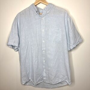 Onia Linen Button Down‎ Shirt Men L Blue Seersucker Short Sleeve Striped Office